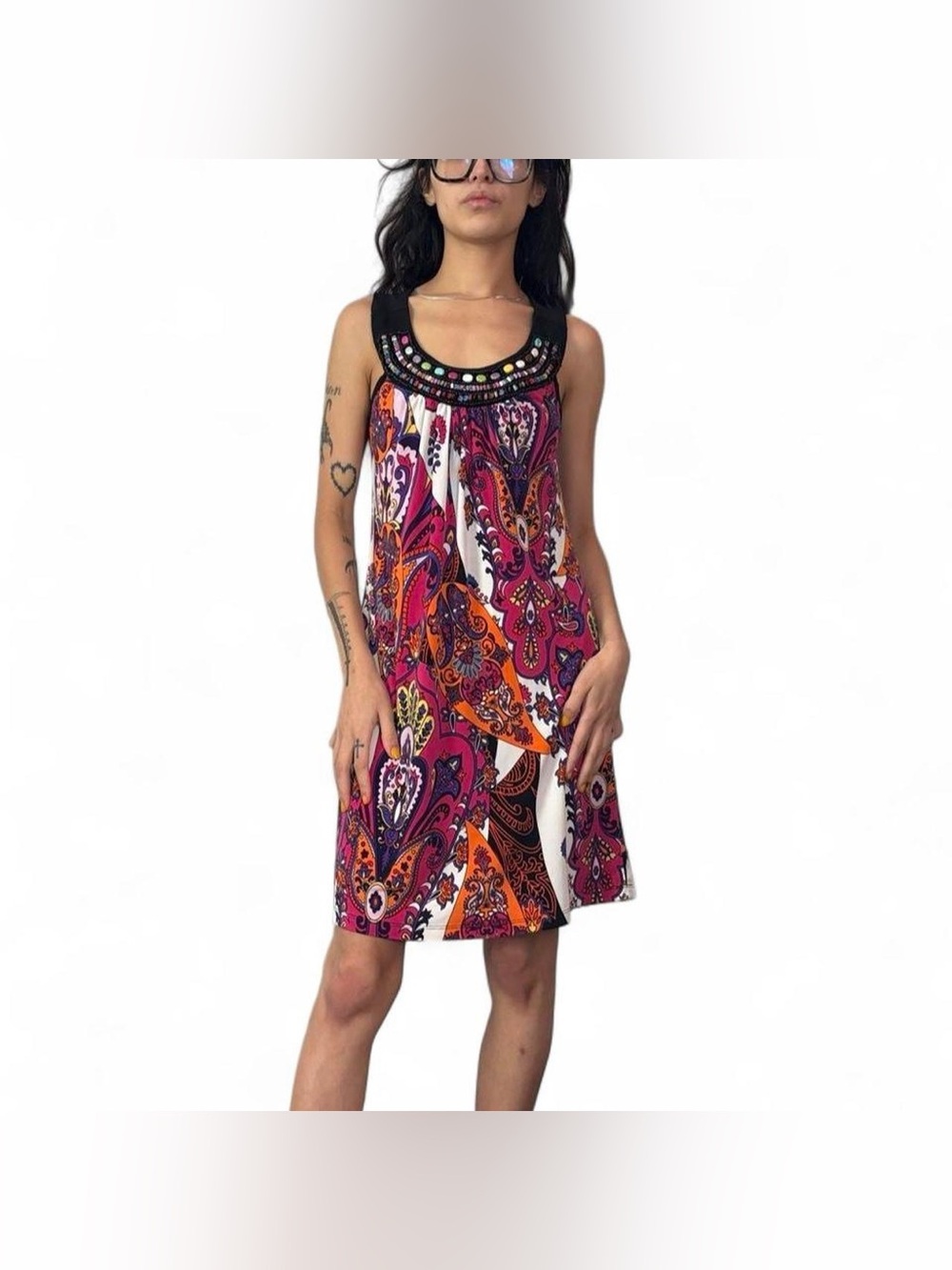 Y2K Colorful Boho Printed Dress W Beaded Stone Neckline by Volume One